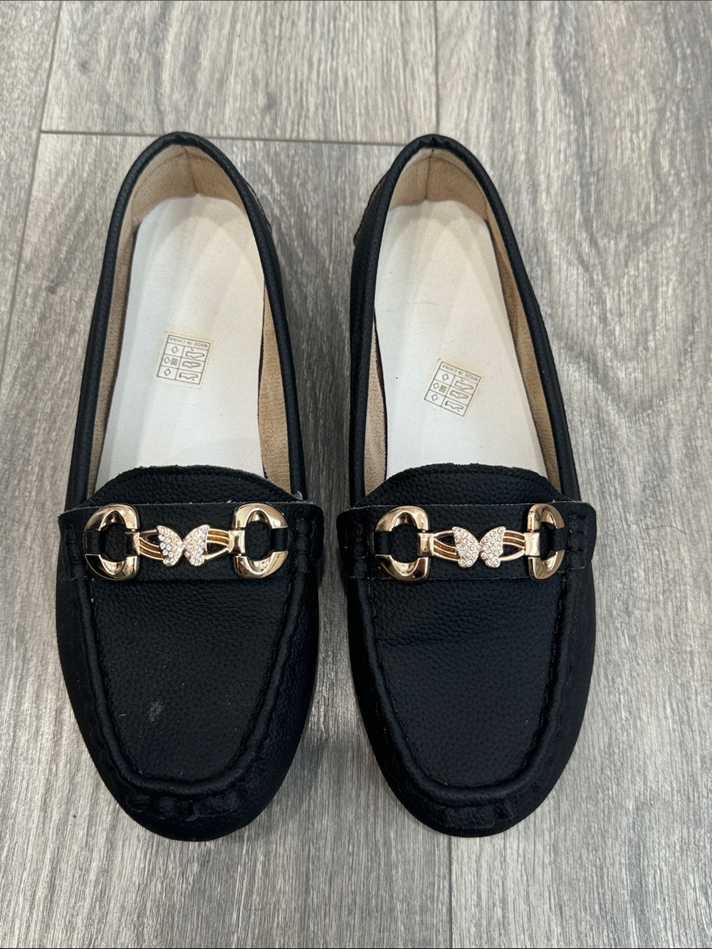 Black Women's Loafers with Gold Horsebit Accent
